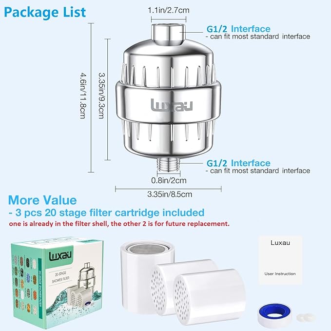 20 Stage Shower Filter w/ 3 Cartridge, Shower Head Filter, Reduce Well Hard Water Chlorine Heavy Metal & Impurity, Improve Skin Hair, Fit Most Handheld Showerhead Fixed Rainfall, Chrome