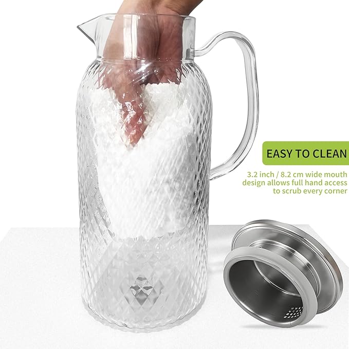 2 Pack Plastic Pitcher with Lid and Handle, 1.8L Clear Water Jug, BPA-Free Ice Tea Pitchers for Lemonade, Milk, Juice, Home, Office