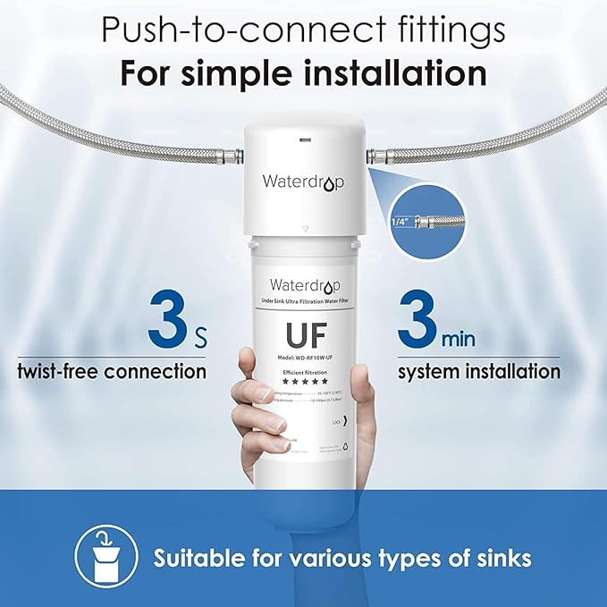 Waterdrop 10UAW-UF 0.01 μm Ultra Filtration Under Sink Water Filter for Baçtёria Reduction, Reduces Lead, Chlorine, Bad Taste & Odor, 8K Gallons, Direct Connect to Kitchen Faucet, USA Tech