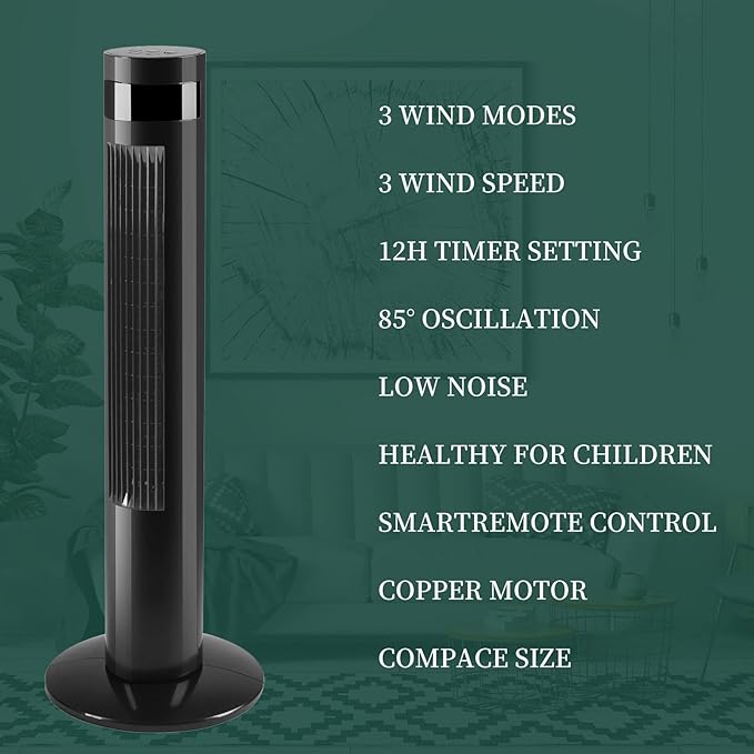 Antarctic Star Tower Fan Portable Electric Oscillating Fan Quiet Cooling Remote Control Standing Bladeless Floor Fans 3 Speeds Wind Modes Timer Bedroom Office (36 inch, Black)