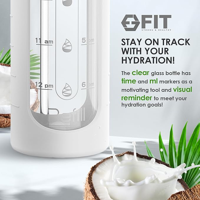 FIT Strong & Healthy 32 oz Glass Water Bottle with Straw Lid, Time Marker, Sleeve & Extra Lid - Motivational, Wide Mouth 1 Liter Glass Drinking Bottle