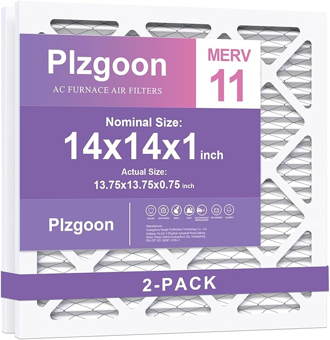 14x14x1 Air Filter MERV 11 (2 Pack) MPR 1000 Pleated AC Furnace Filters Replacement Compatible with Air Conditioner AC HVAC Furnace (Exact Dimensions: 13 3/4x13 3/4x3/4 Inches)