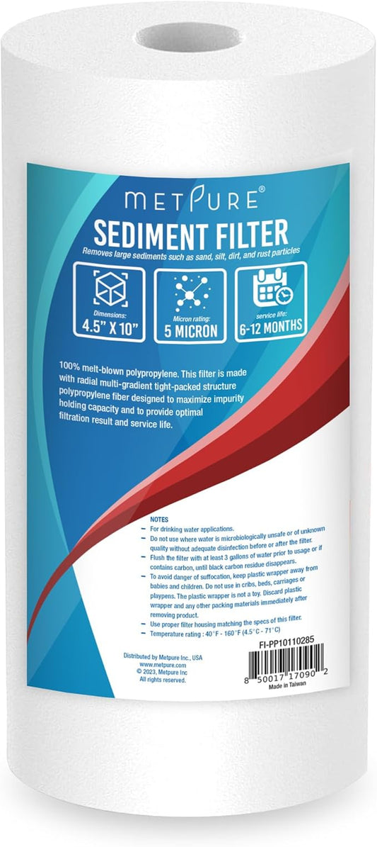 4.5 x 10 inch Sediment Filter - 5 Micron Melt-Blown Polypropylene Whole House Water Filter Cartridge. Compatible with Pentek, Culligan, GE, Whirlpool, and more!