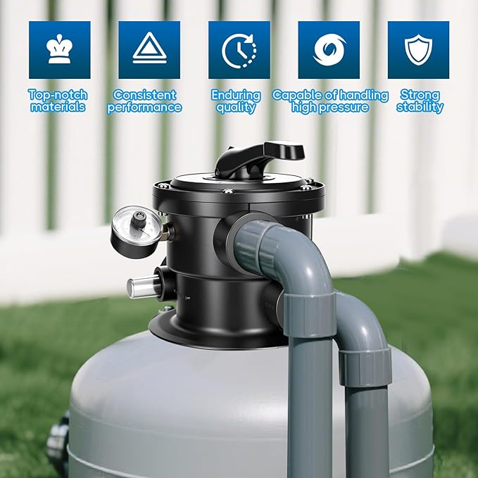 Replacement for SP0714T Multiport Valve, Direct Fit Pro & VL Series Above-Ground Sand Filters, 1.5" FIP 7-Position Clamp w/Upgraded Black Housing (Leak-Proof Design)