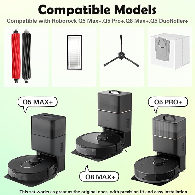 Q5 Max+ Accessories Replacement Parts Compatible with Roborock Q5 Max+, Q5 Pro+, Q8 Max+, Q5 DuoRoller+ Robot Vacuum Cleaners, Include Dual Roller Brush,4 Side Brush,2 Filters,6 Bags,2 Tools