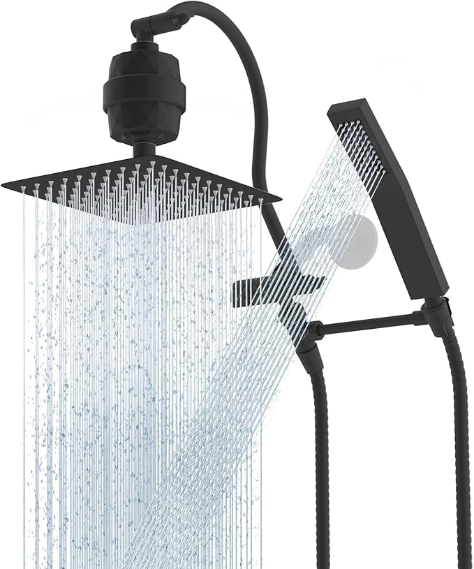 Hibbent All Metal 10'' Filtered Rainfall Shower Head Combo, High Pressure Handheld Shower Wand, 12'' Adjustable Extension Arm, 20 Stage Shower Filter, 71'' Hose, Shower Head Holders, Matte Black