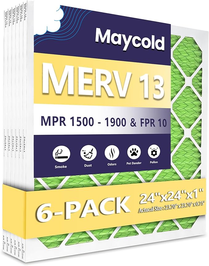 Maycold MERV 13 24x24x1 Air Filter (6-Pack), High-Efficiency Pleated AC & Furnace Filters, Actual Size: 9. 23.70" x 23.70" x 0.75”, Individually Wrapped in Plastic