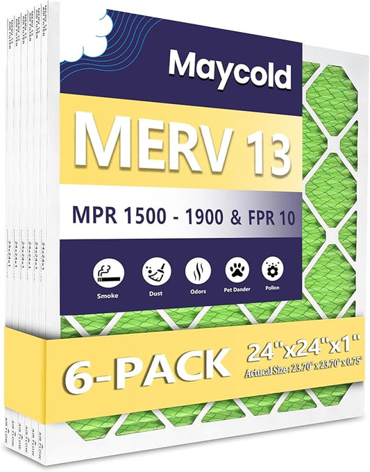 Maycold MERV 13 24x24x1 Air Filter (6-Pack), High-Efficiency Pleated AC & Furnace Filters, Actual Size: 9. 23.70" x 23.70" x 0.75”, Individually Wrapped in Plastic
