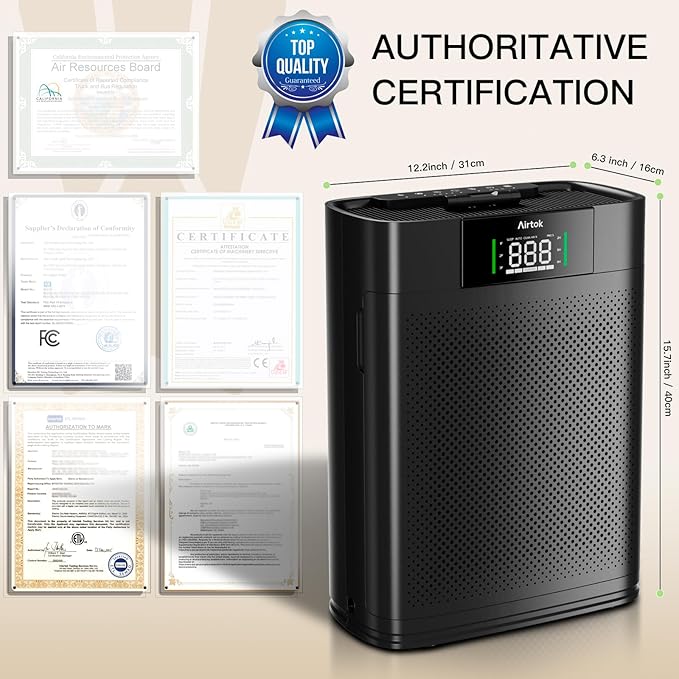 Air Purifiers for Home Large Room Up to 1300 Ft², with Air Quality Monitor PM2.5、HEPA Sleep Mode、Aromatherapy for Allergies, Pet Hair, Pollen in Bedroom, AP2301, Black