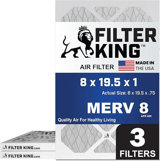 Filter King 8x19.5x1 Air Filter | 3-PACK | MERV 8 HVAC Pleated A/C Furnace Filters | MADE IN USA | Actual Size: 8 x 19.5 x .75"