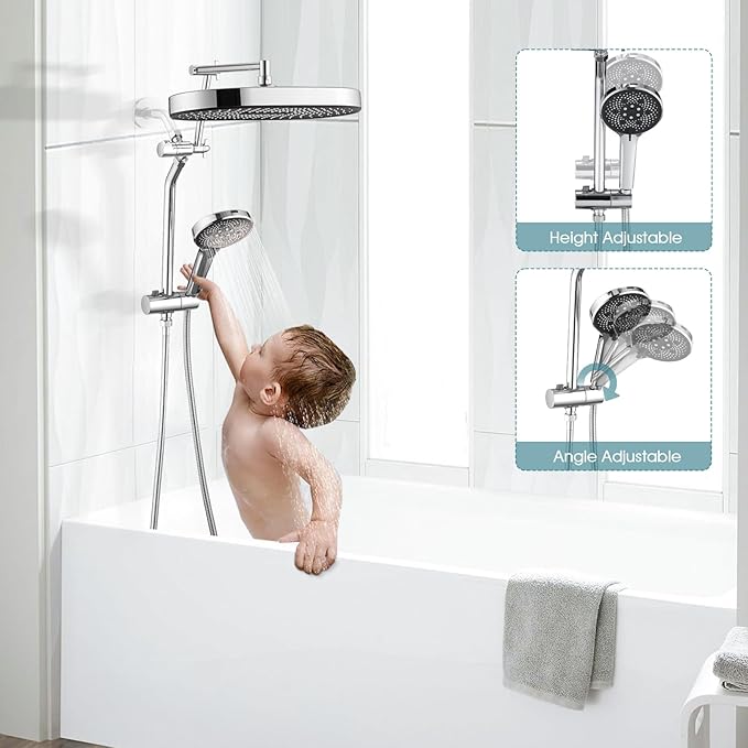 14" x 8" Rectangle High Pressure Rainfall Shower Head with Handheld Combo, 6 Setting Handheld Shower Head, Adjustable Height Shower Extension Arm and Slide Bar for Easy Reach - Chrome