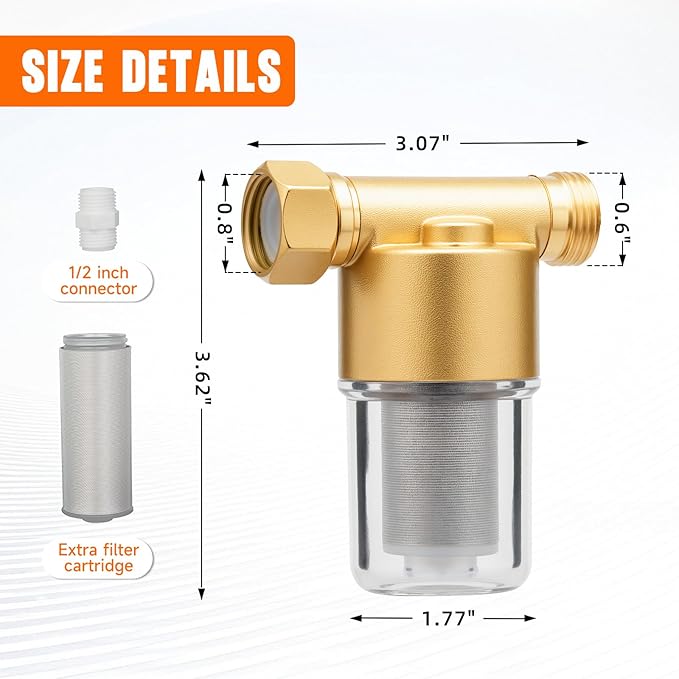 40 Micron Brass Sediment Filter, Reusable Sediment Water Filter for Washing Machine, Shower,Gardens, Well Water Traps Sand Particles, Rust, and Copper Shavings (Brass)