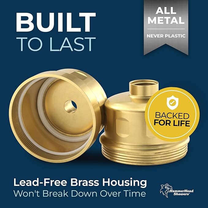 HammerHead Showers® Solid Metal Shower Head Filter – KDF 55 Shower Filter, High Pressure Universal Shower Filters to Remove Toxic Chemicals – Removes Chlorine and Heavy Metals – Brushed Gold