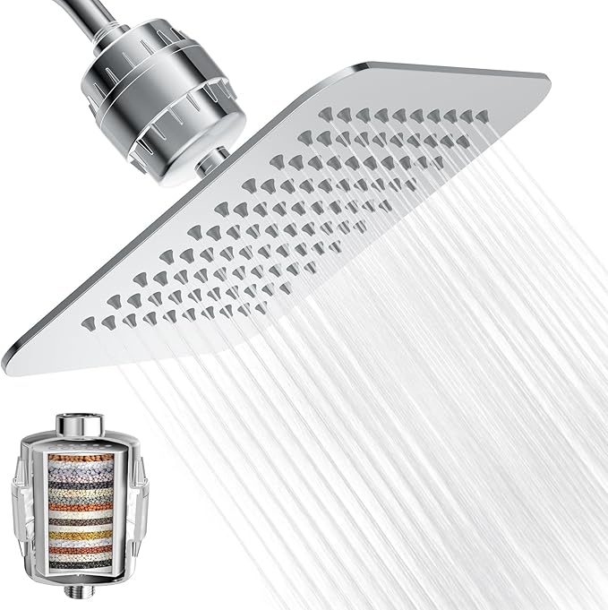 10'' High Pressure Filtered Shower Head Combo 20 Stage Shower Filter for Hard Water, Removes Chlorine & Harmful Substances (Chrome Polished)