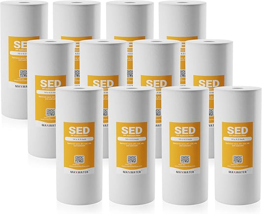 Max Water 5 Micron 10 x 4.5 inch Whole house Sediment Water Filter | Meltblown Polypropylene Well Water Filter Replacement Cartridges for DGD-5005, AP810, SDC-45-1001, GXWH30C, PP10BB (12 Pack)