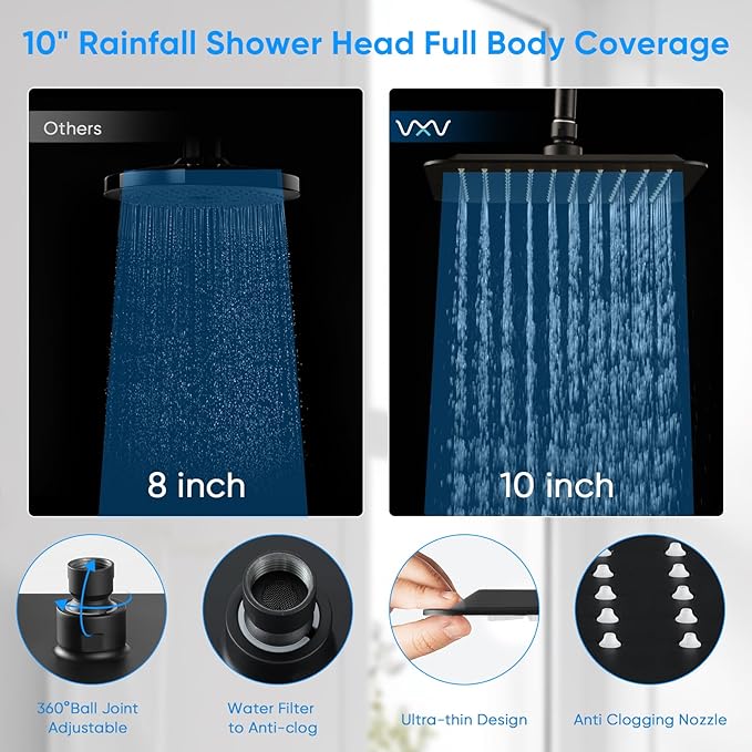 VXV 10 inch Filtered Shower Head,7 Settings High Pressure Dual Shower Heads with Handheld Spray Combo,3-Way Rain Shower Head with Filters,71''Shower Hose,Height Adjustable(Matte Black)