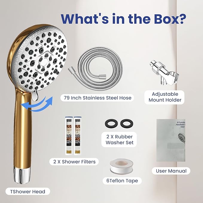 Filtered Shower Head with Handheld,7 Spray Settings High Pressure Showerhead Built in Power Wash to Clean Tub, Tile & Pet, Showerhead with Filters for Hard Water - Remove Chlorine, (gold)