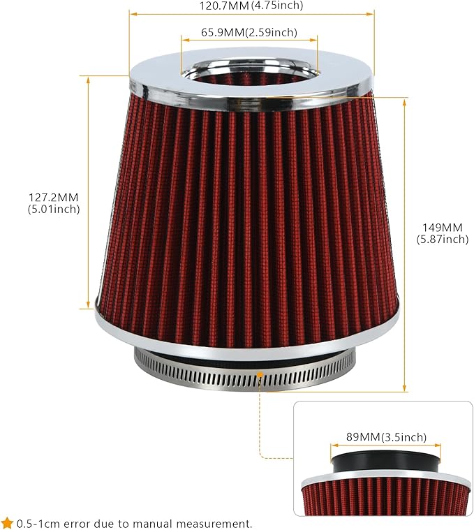 PTNHZ Universal Red 3.5" 89mm High Flow Cold Air Intake Cone Air Filter Power Intake Air Inlet System Air Cleaner