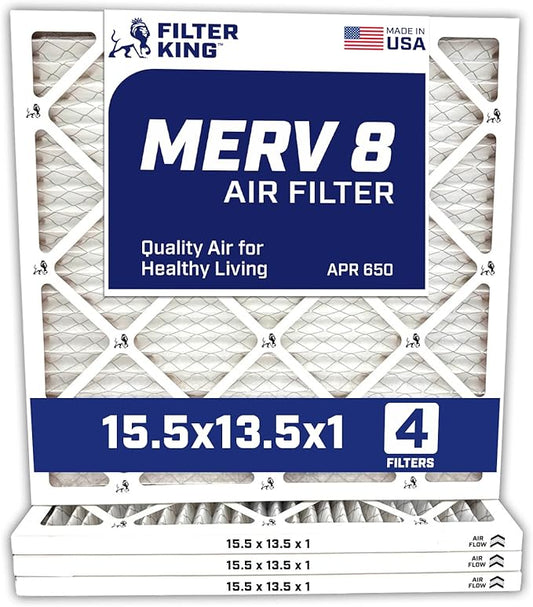 Filter King 15.5x13.5x1 Air Filter | 4-PACK | MERV 8 HVAC Pleated A/C Furnace Filters | MADE IN USA | Actual Size: 15.5 x 13.5 x .75"