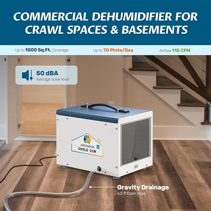 ARGENDON Dehumidifier for Crawlspace Basement, Energy Star Commercial Dehumidifier with Drain Hose 70 PPD, Compact, Ideal for Water Damage Storage Up to 1000 Sq Ft