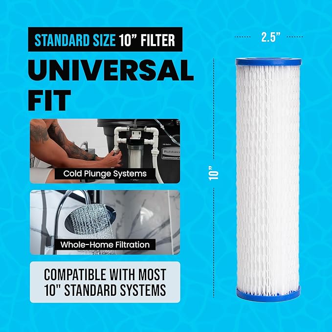 Cold Plunge Water Filter Cartridges, 50 Micron Sediment Filters, 10” Universal Fit (2.5” x 10”), Compatible with Cold Plunge Tubs, Under Sink & Whole House Systems, Pack of 4