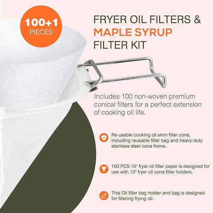 100PCS 10” Fryer Oil Filters, Deep Fryer Oil Cone Filter Filters with Folding Arms to Attach to Deep Fryers, Maple Syrup Grease Filter Cones, for Longer-Lasting Frying Oil & Maple Syrup