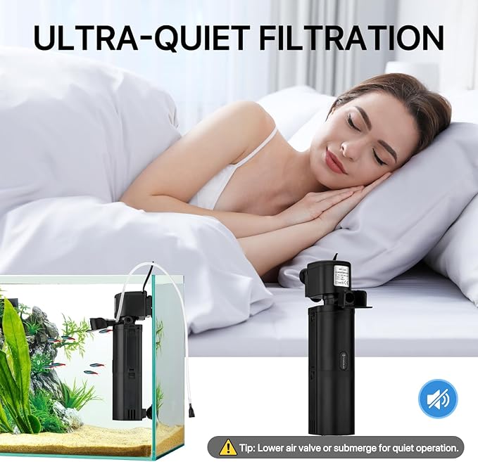 Internal Aquarium Filter for 10-75 Gallon Fish Tanks, Quiet 4-in-1 Turtle Tank Filter with Filtration, Oxygenation, Wave Making and Water Change