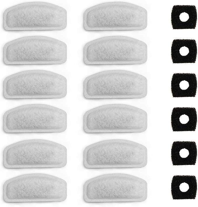 12 Pack Replacement Filters for D30 67oz/2L Automatic Pet Fountain, Carbon Cat Water Fountain Filters, Triple Filtration Pet Fountain Filter Replacement (6Pcs Pump Filters)