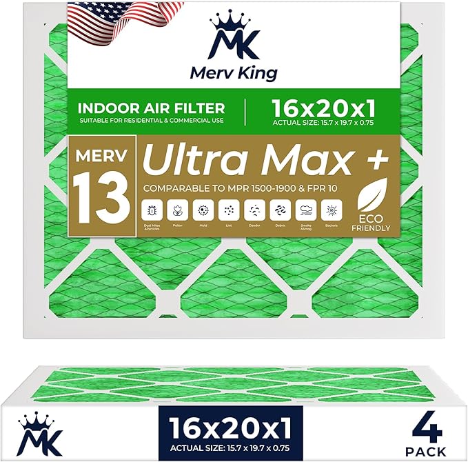 MervKing 16x20x1 Air Filter Actual Size: 15.7" x 19.7" x 0.75" MERV 13 MPR 1500-1900 | MADE IN USA | 4-Pack | Pleated HVAC AC Furnace Replacement