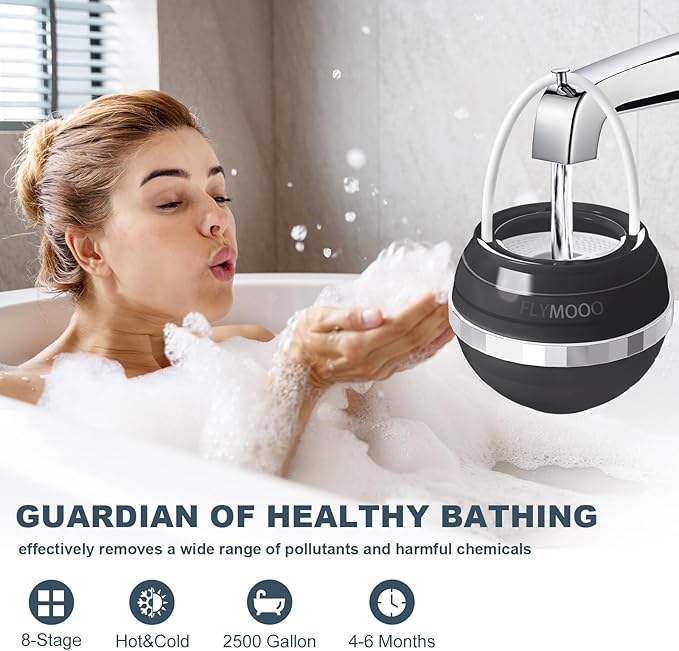 Bath Water Filter for Tub Faucet - 8 Stages Bathtub Water Filter Reduces Contaminants for Softer, Smoother Skin - 2,500 Gallons of Filtration, BPA Free (Black)