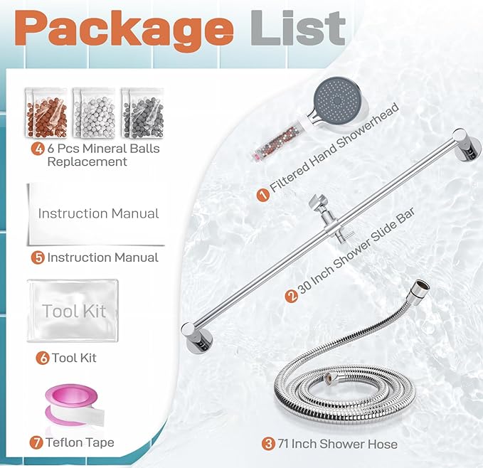 YDmeet Filtered Handheld Showerhead with 30-Inch Shower Slide Bar Set, 3-Mode Spray Setting, Long Metal Hose, Extra 6 Packs Replacement Mineral Balls for Refills, Chrome
