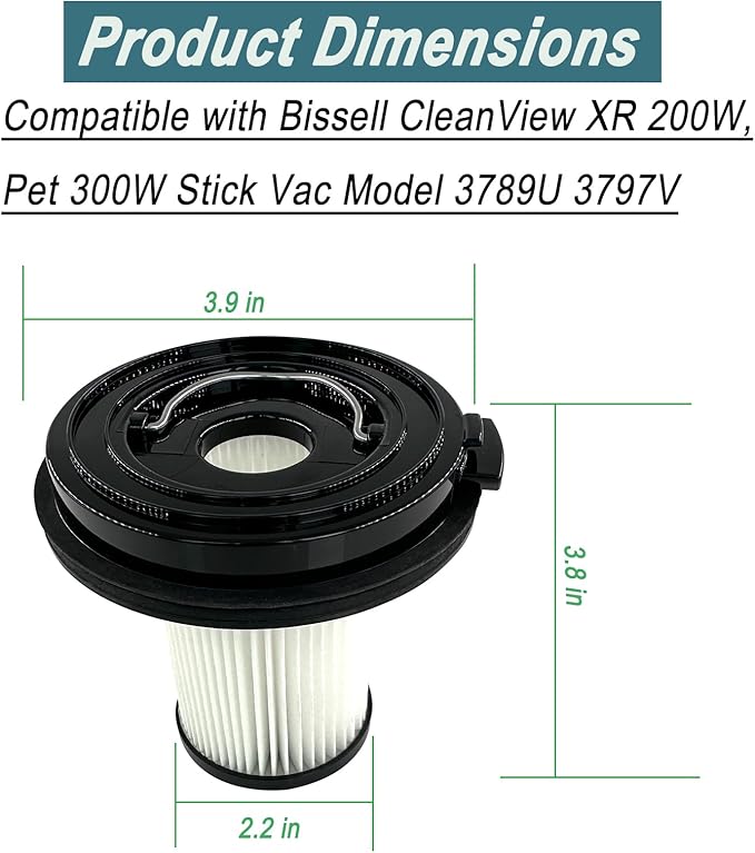 Dttery 3789U 3797V Filter Replacement for Bissell CleanView XR 200W Pet 300W Lightweight Cordless Stick Vacuum, Part 1638010, 3 Pack