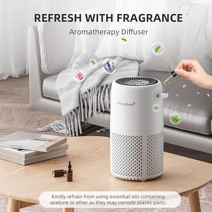 Air Purifier for Home Bedroom, AromaRoom H13 HEPA Air Filter For Smoke Pollen Dander Hair Smell Air Cleaner, 3-in-1 Filter with Sleep Mode, Quiet Air Cleaner For Pets, Home, Baby Room (White, AP103)