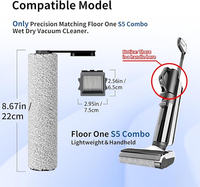 keluke Only S5Combo - Replacement Roller Brush and Filters Compatible with Tineco Floor One S5Combo Wet Dry Cordless Vacuum Cleaner(Not for Others S5 Series Models) 3 Brushes Roller,3 Filters