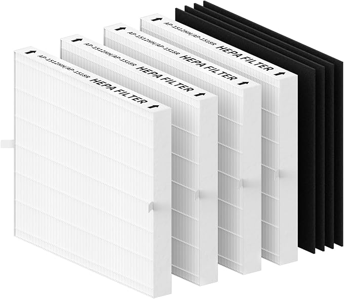 4 Pack AP-1512HH Replacement Filter Set for Coway Airmega AP-1512HH and and Airmega 200M air Purifier, Compared to Part #3304899, 4 True HEPA + 4 Carbon Filters