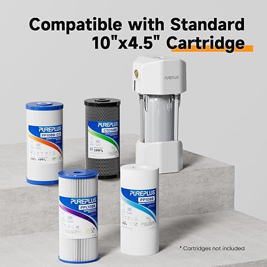 PUREPLUS Whole House Water Filtration System, 10″ × 4.5″ Housing, 1″ NPT Inlet/Outlet, Durable Housing with Bypass & Backwash, Pressure Relief, Mounting Bracket