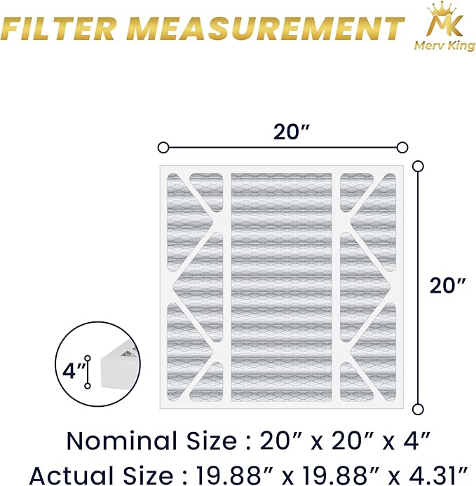 MervKing 20x20x4 Air Filter Actual Size: 19.88" x 19.88" x 4.31" MERV 8 MPR 600-700 | MADE IN USA | 1-Pack | Pleated HVAC AC Furnace Replacement