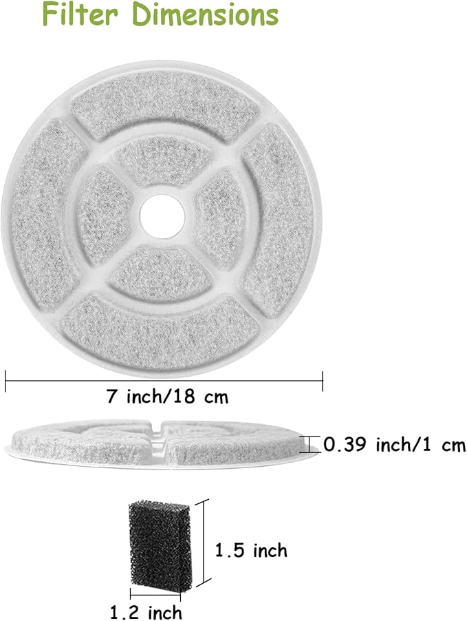 12 Pack 7" Activated Carbon Filters for SIBAYS 2.5Gal/9.5L Large Cat Water Fountain(FS68),18CM Larger Filter for Kastty 9L Large Dog Water Fountain,Food Grade,4 Layers Filtration,12 + 12 Pump Filters
