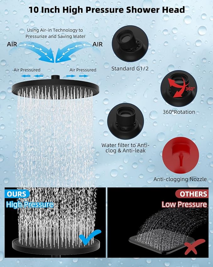 Hibbent Self-cleaning Shower Head, 10'' High Pressure Rainfall Showerhead with Handheld, 16'' Adjustable Arc-shape Extension Arm, 71'' Hose, Showerhead Holder, Matte Black