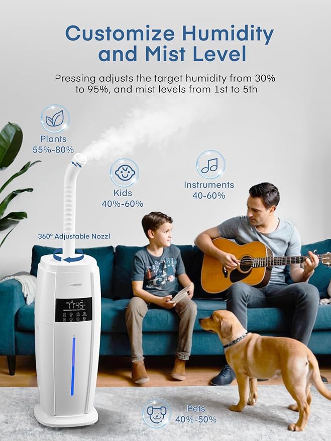 FOHERE 4.8Gal/18L Humidifier Large Room, Easy Top Fill Cool Mist Tower Humidifiers Quiet for Home, Plant, Office, Commercial, Whole House Cover up to 1500ft², with Smart Humidity Sensor, Remote, White