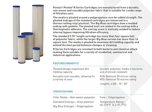 Pentair Pentek R30-BB Big Blue Sediment Water Filter, 10-Inch, Whole House Pleated Polyester Filter Cartridge, 10" x 4.5", 30 Micron, Pack of 8, White