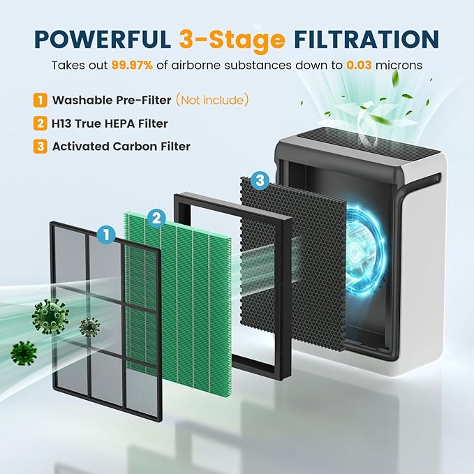 Vital 100S Replacement Filter for LEVOIT Vital 100S and Vital 100S-P Air Purifier, H13 Ture HEPA and Activated Carbon Vital 100S-P Filters, Vital 100S-RF-TX, 2 Pack Green