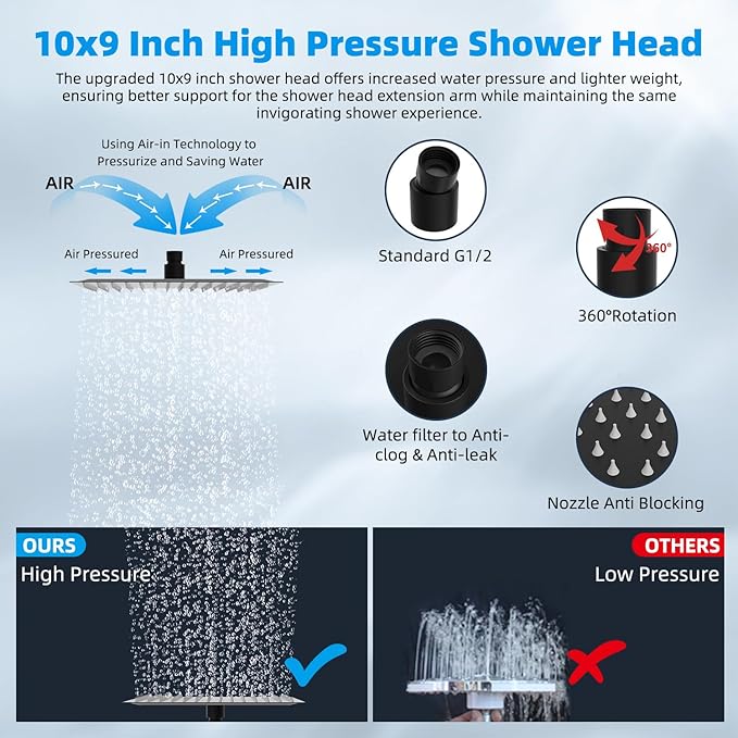 Hibbent All Metal 10'' Dual Filtered Rainfall Shower Head Combo, High Pressure Handheld Shower Head with 16'' Adjustable Extension Arm, 20 Stage Shower Filter, 10-spray, 71'' Shower Hose, Matte Black
