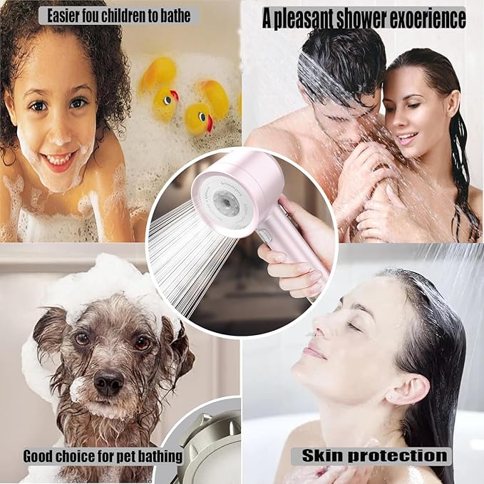 High Pressure Shower Head with Handheld, with Pause Switch 4 Spray Modes Water Saving Showerhead,Showerhead Set with Hose, Bracket and Cotton Filter, (pink)
