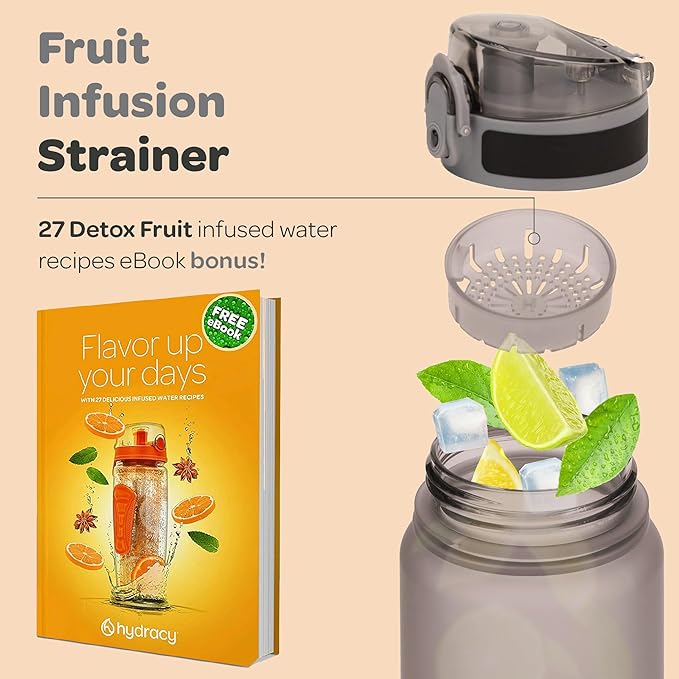 Hydracy Water Bottle with Time Marker -Large BPA Free Water Bottle & No Sweat Sleeve -Leak Proof Gym Bottle with Fruit Infuser Strainer & Times to Drink -Ideal for Fitness Sports & Outdoors