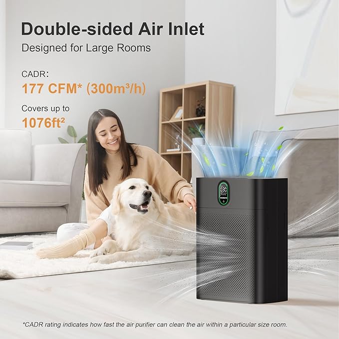 MORENTO Air Purifier for home Large Rooms up to 1076 ft2, Wi-Fi and Alexa compatible, PM2.5 Air Quality Display, Auto Mode, HEPA Filter Removes Dust, Pollen, Smoke 1 Pack +2 Pack Filters(Black)