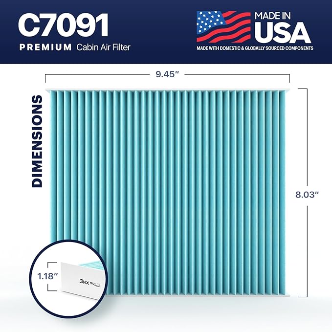 BNX TruFilter C7091 Cabin Air Filter, HEPA 99.97%, MADE IN USA, Compatible With Select Chevrolet: Silverado, Impala, Cruze, Malibu, Traverse, GMC: Sierra, Yukon, Terrain, Buick: Enclave, LaCrosse