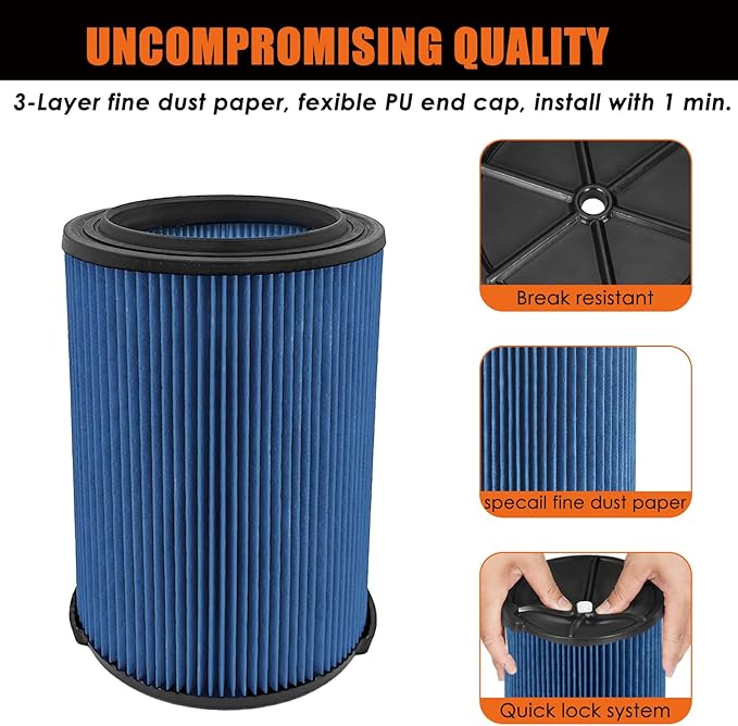 Universal Filters Replaces CMXZVBE38776/ CMXZVBE38751 Craftsman Fine Dust Filter, Replaces # 9-38751, Fits 5-20 Gallon Shop Vacuums1988+, with Foam Sleeve -2 Pack