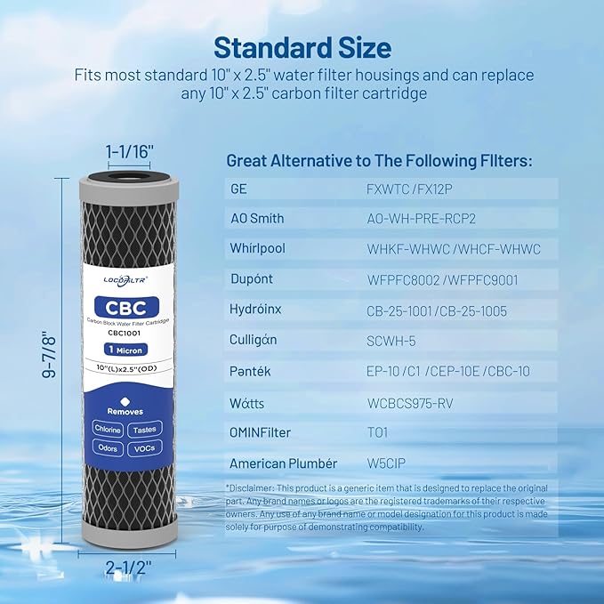 1 Micron 10" x 2.5" Whole House CTO Carbon Block Water Filter Cartridge Replacement for SCWH-5, AO-WH-PRE-RCP2, WHKF-WHWC, FXWTC, FX12P, WFPFC8002, WFPFC9001, 3WH-STDCW-F02, W5CIP (Pack of 4)