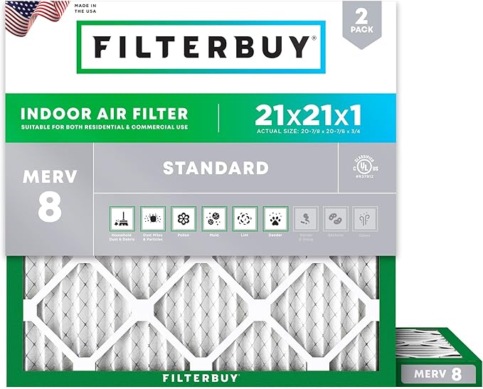Filterbuy 21x21x1 Air Filter MERV 8 (MPR 700) Dust Defense Replacement (2-Pack), Electrostatic Pleated HVAC AC Furnace Filters, Made in USA (Actual Size: 20.88 x 20.88 x 0.75)